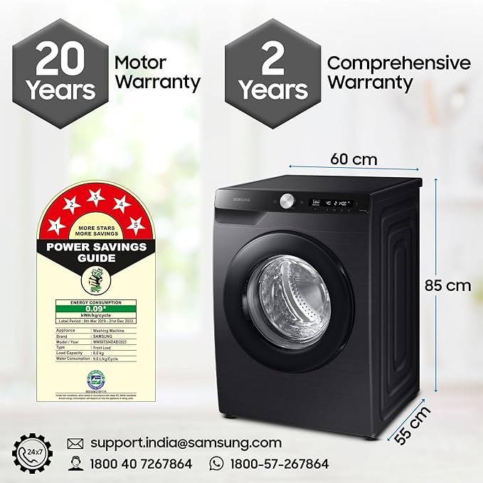 Samsung 8 kg, 5 star, Eco Bubble Technology, AI Control, Wi-Fi, Fully-Automatic Front Load Washing Machine (WW80T504DAB1TL, Hygiene Steam, Black Caviar, Awarded as Washing Machine Brand of the year) - Image 4