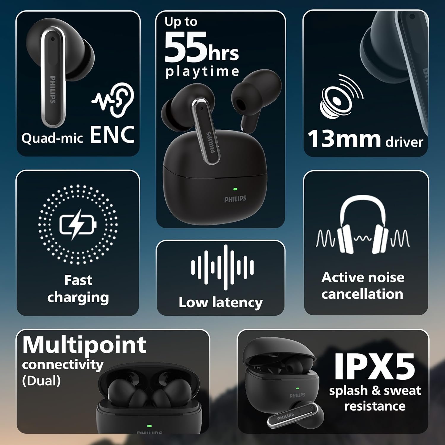 PHILIPS TAT1150BK/94 Premium Wireless Earbuds with ANC, Quad Mic ENC, Up to 55 Hr Playtime,13mm Neodymium Drivers,Multipoint, ergonomically Designed,IPX5 Water Resistance,Fast Charging (Deep Black) - Image 7