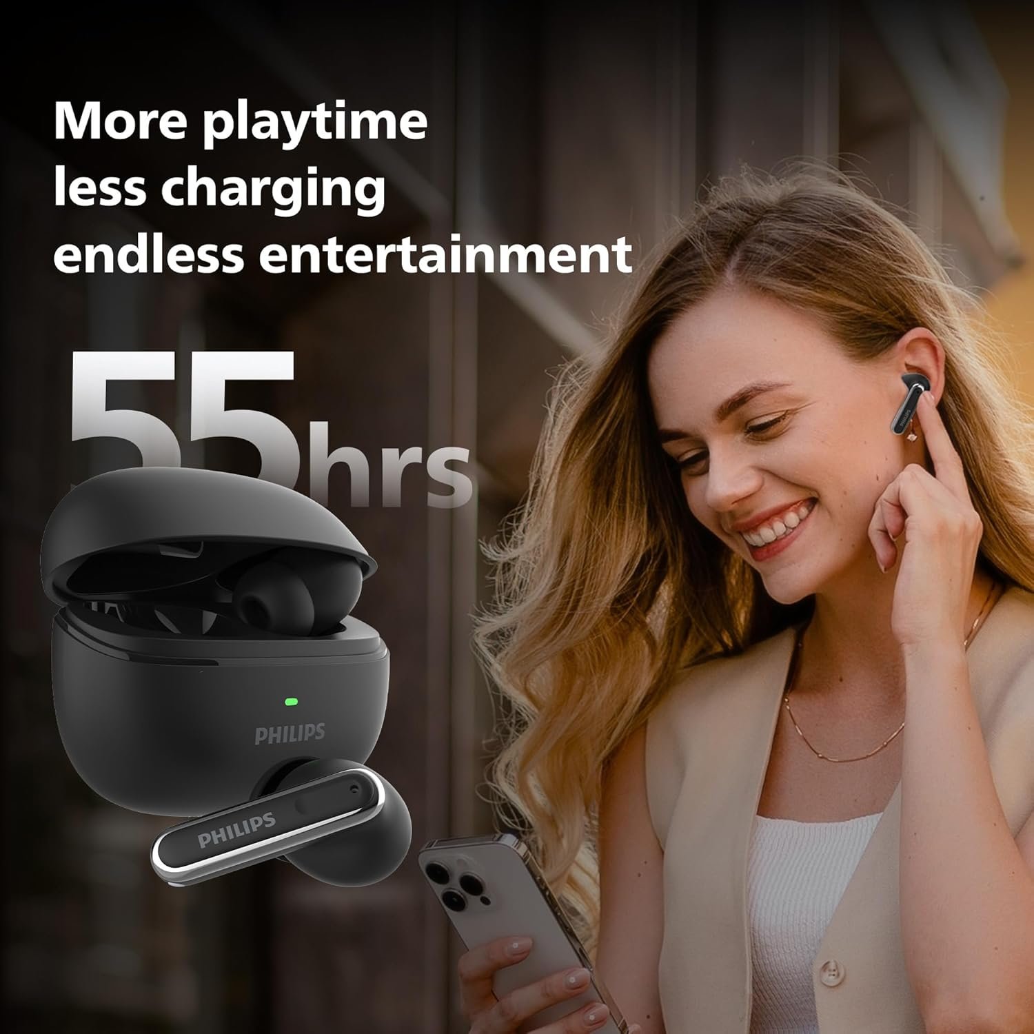 PHILIPS TAT1150BK/94 Premium Wireless Earbuds with ANC, Quad Mic ENC, Up to 55 Hr Playtime,13mm Neodymium Drivers,Multipoint, ergonomically Designed,IPX5 Water Resistance,Fast Charging (Deep Black) - Image 6