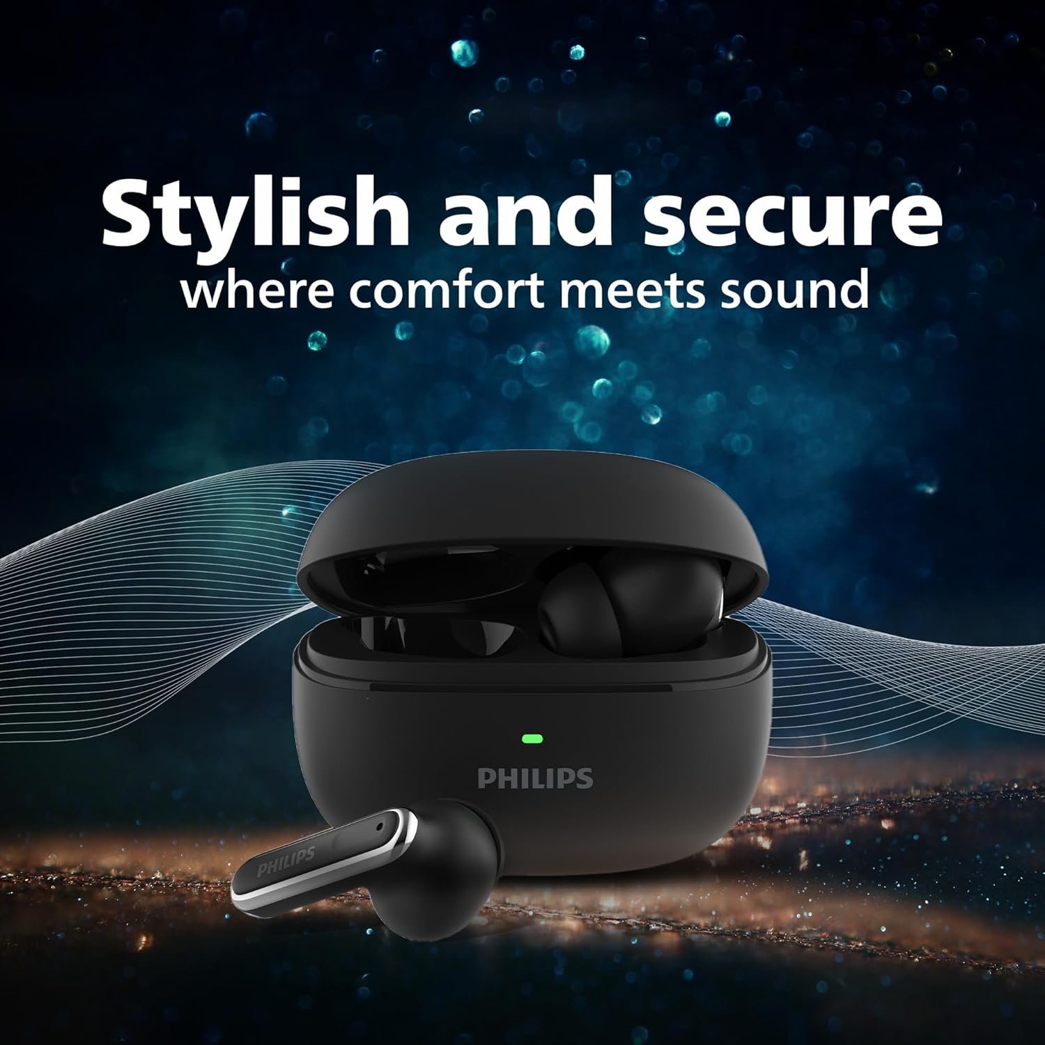 PHILIPS TAT1150BK/94 Premium Wireless Earbuds with ANC, Quad Mic ENC, Up to 55 Hr Playtime,13mm Neodymium Drivers,Multipoint, ergonomically Designed,IPX5 Water Resistance,Fast Charging (Deep Black) - Image 2