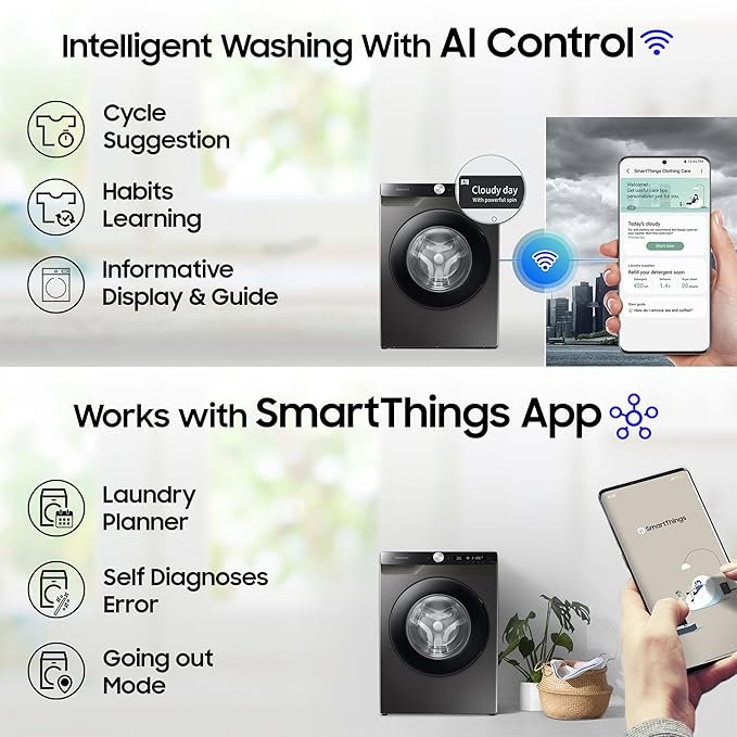 Samsung 8 kg, 5 star, Eco Bubble Technology, AI Control, Wi-Fi, Fully-Automatic Front Load Washing Machine (WW80T504DAB1TL, Hygiene Steam, Black Caviar, Awarded as Washing Machine Brand of the year) - Image 3