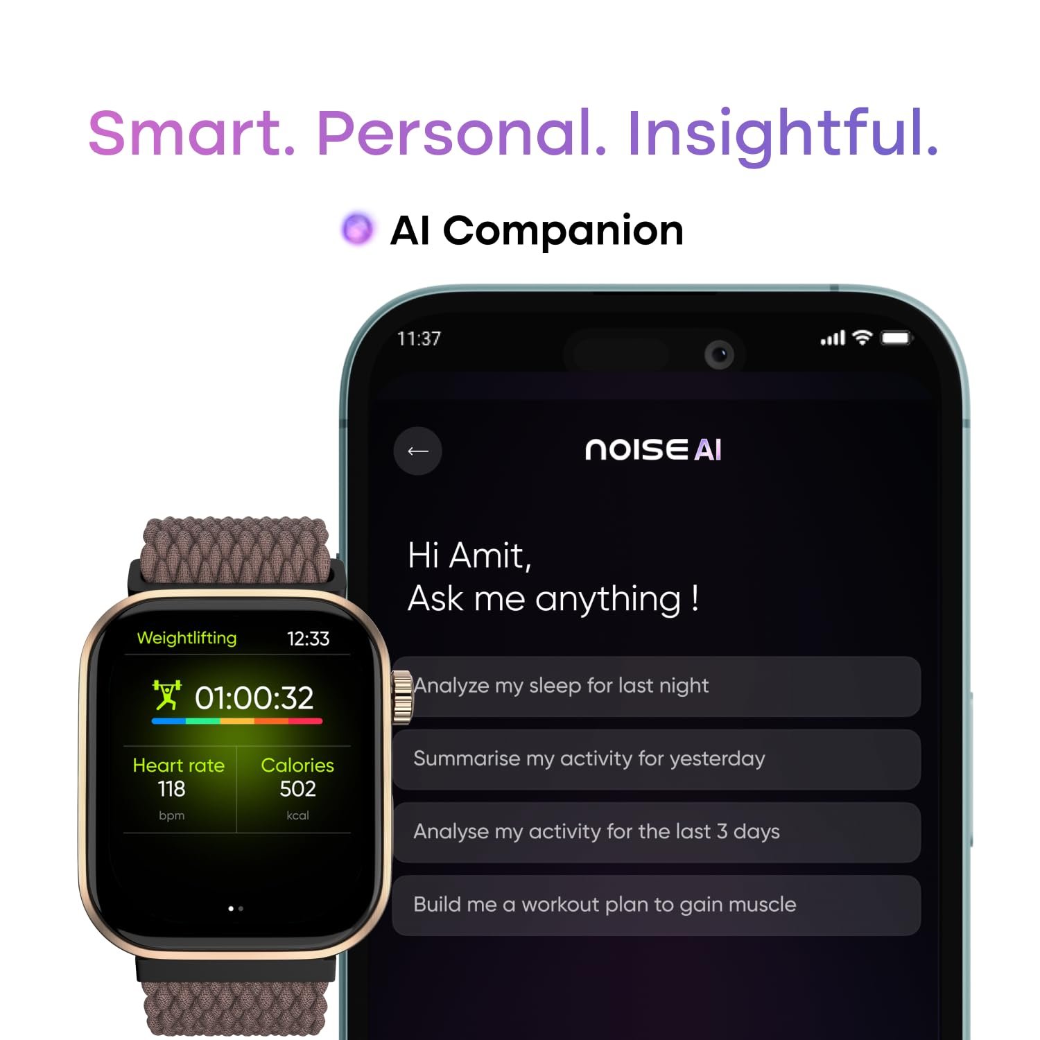 Noise Pro 6 Smart Watch:Intelligent AI, Endless AI Watch Faces, AI Companion, 1.85" AMOLED, EN2 Processor, Nebula UI 2.0, Emergency SOS, Compatible with iOS & Android (Vineyard Weave), Brown - Image 8