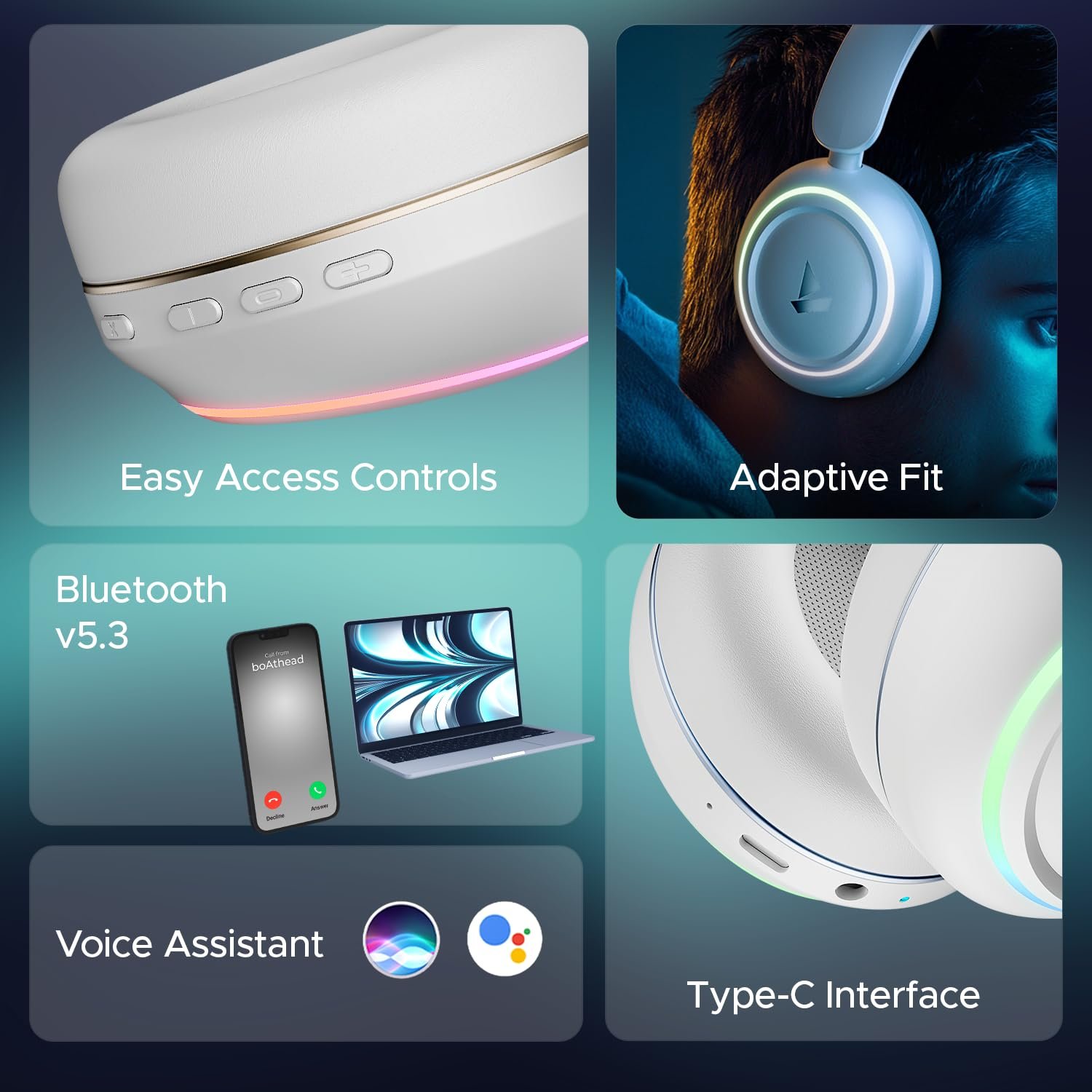 boAt Rockerz 480, RGB LEDs,6 Light Modes, 40mm Drivers,Beast Mode, 60H Battery, ENx Tech, Stream Ad Free Music via App Support, Bluetooth Headphones, Wireless Over Ear Headphone with Mic (White Sabre - Image 2