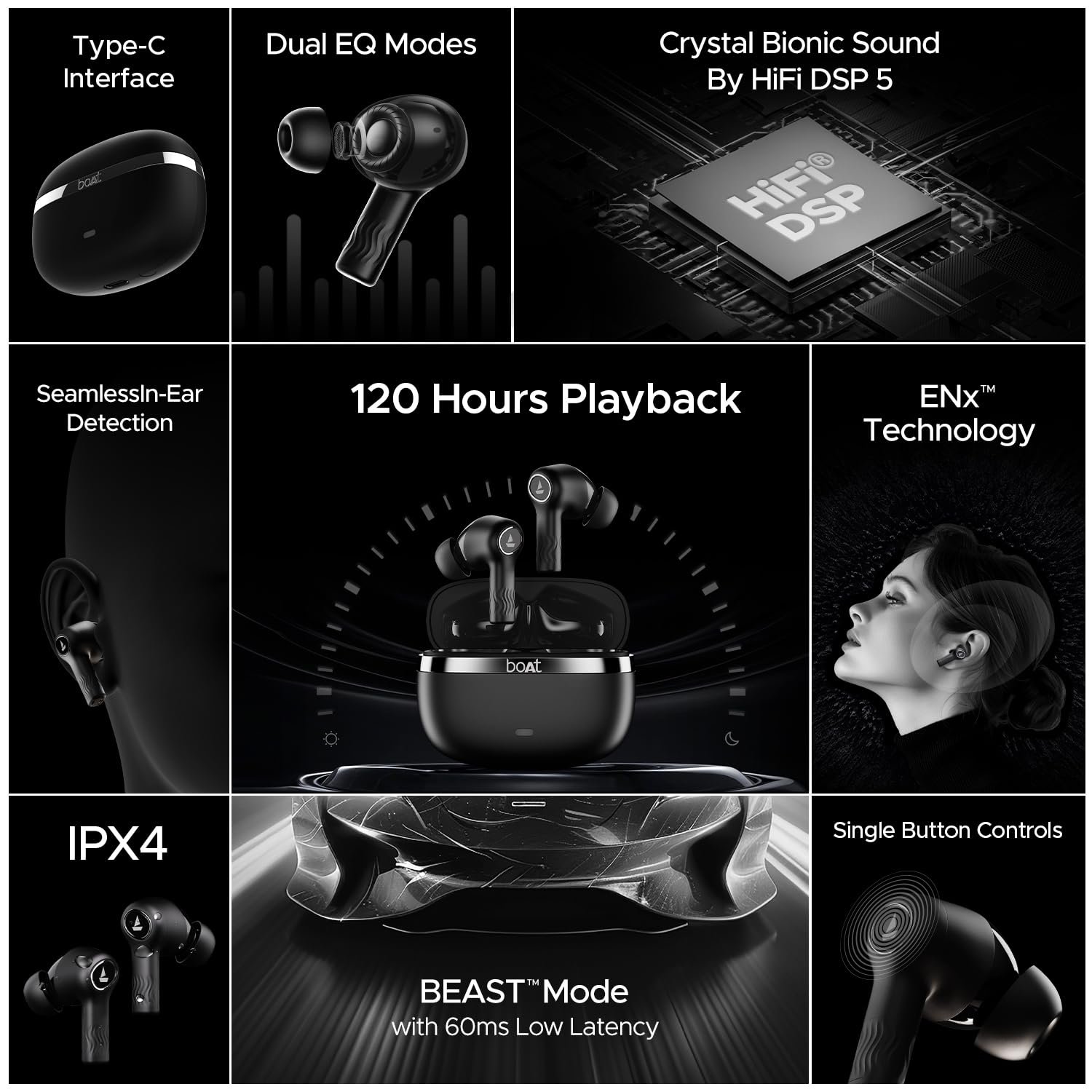 Boat Nirvana Ion, 120HRS Battery, Crystal Bionic Sound w/Dual EQ Modes, 4Mics ENx, App Support, Low Latency, IPX4, v.5.2 Bluetooth Earbuds, TWS Ear Buds Wireless Earphones with mic (Charcoal Black) - Image 6