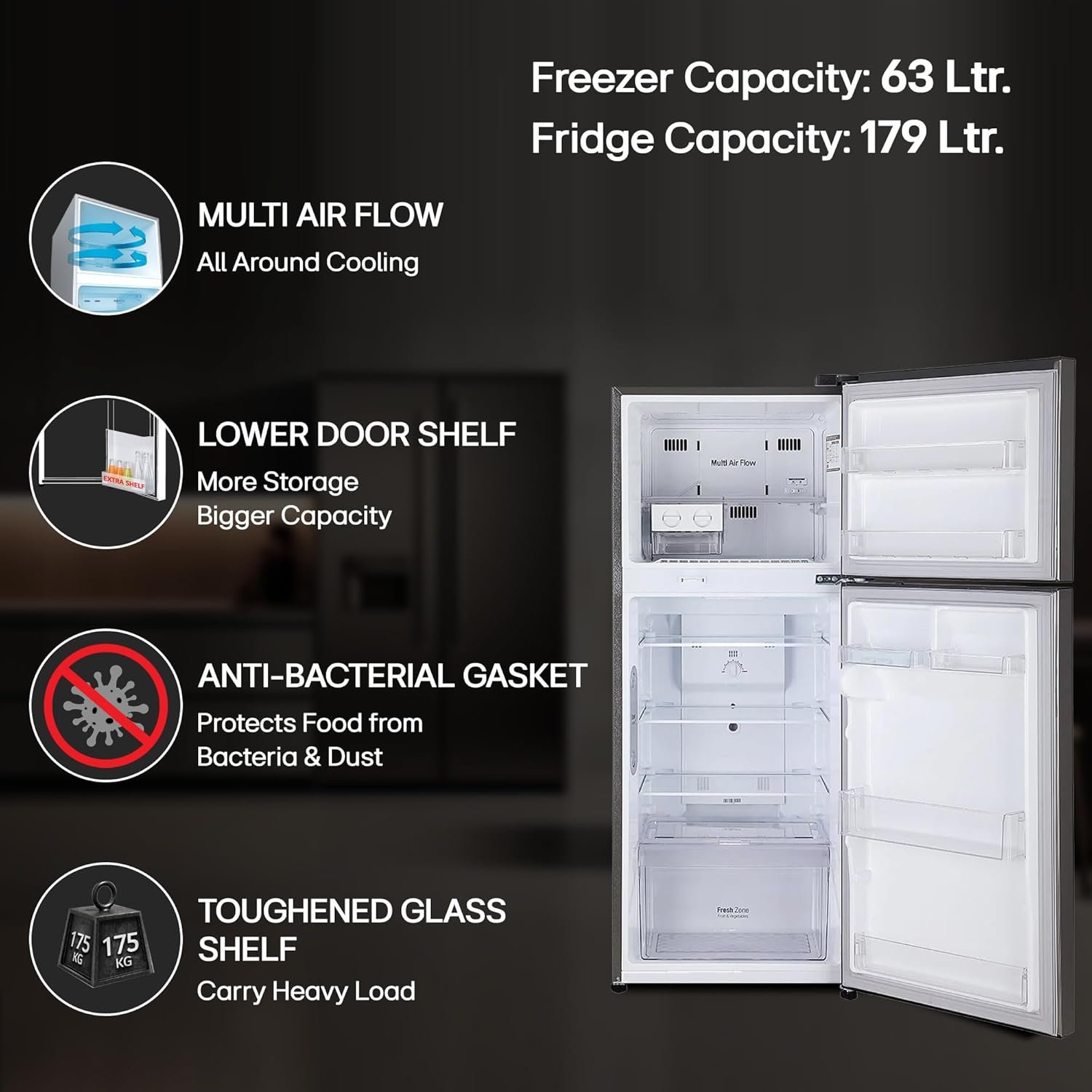 LG 242 L 3 Star Smart Inverter Frost-Free Double Door Refrigerator (GL-I292RPZX, Shiny Steel, Door Cooling+) - Image 16
